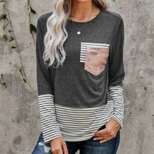 Women's Long sleeve O neck, striped, splicing, grey, sequins pocket shirt  L